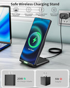 Wireless Charger Stand, 15W Fast Phone Wireless Charging Stand Station with 20W USB C Brick for Samsung W26/S25 Ultra/S24+/S23/S22+/S21, iPhone Air/17 Pro Max/16/15/14/13/12 with Sleep-Friendly Light