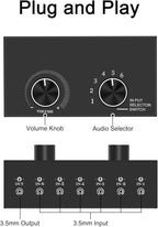 6-Way Audio Switcher, 3.5mm (1/8") Stereo Audio Switcher, Plug & Play Compatible with PC, Laptop, MP3, MP4, Headphone, Game System ect. (6 in-1 Out)