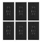 ELEGRP USB Outlets, 15 Amp Wall Outlet with 3 USB Ports, Dual USB C Ports Outlets, TR Tamper-Resistant USB Outlets Receptacles, Wall Plate Included, UL/CUL Listed, 6 Pack, Black