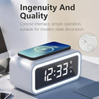 AYI 4in1 Smart Wireless Charging Alarm Clock with Mirror Display | 15W Fast Charger for Phone & Earbuds, 3 Group Alarms, Warm White/Yellow Night Light, Temperature Display Extra USB Port-White