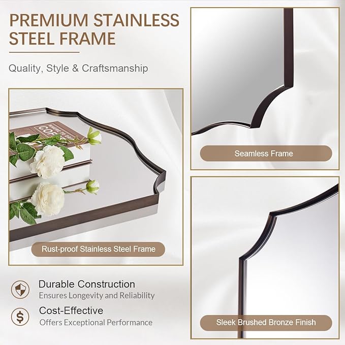 ANDY STAR Brushed Bronze Bathroom Mirror, 22x30 Inch Vanity Mirror, Scalloped Mirrors for Bathroom, Anti-Rust Stainless Steel Frame, Stunning Curved Design Ideal for Bathroom, Living Room, Mantel