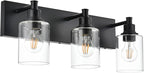 TODOLUZ Industrial Wall Sconce Lighting in Matte Black Finish, 3-Light Bathroom Vanity Light Fixtures with Clear Glass Shades (E26 Bulb Base)