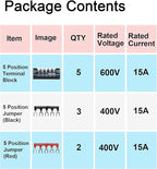 MILAPEAK Terminal Block and Strip - 10pcs (5 Sets) 5 Positions Dual Row 600V 15A Screw Terminal Strip Blocks with Cover + 400V 15A 5 Positions Pre-Insulated Terminals Barrier Strip (Black & Red)