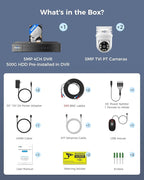 Hiseeu 3K 360°View PTZ Wired Security Camera System with Color Night Vision,Audio,4ch 5MP DVR,2PCS Cameras,500G HDD,Person/Vehicle Detection,Home CCTV Camera System