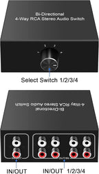 4-Way Stereo L/R Sound Channel Bi-Directional Audio Switcher, 1 in 4 Out or 4 in 1 Out, L/R Sound Channel Audio Switch Splitter RCA Stereo Switch Selector for DVD Stereo Speaker CD Player