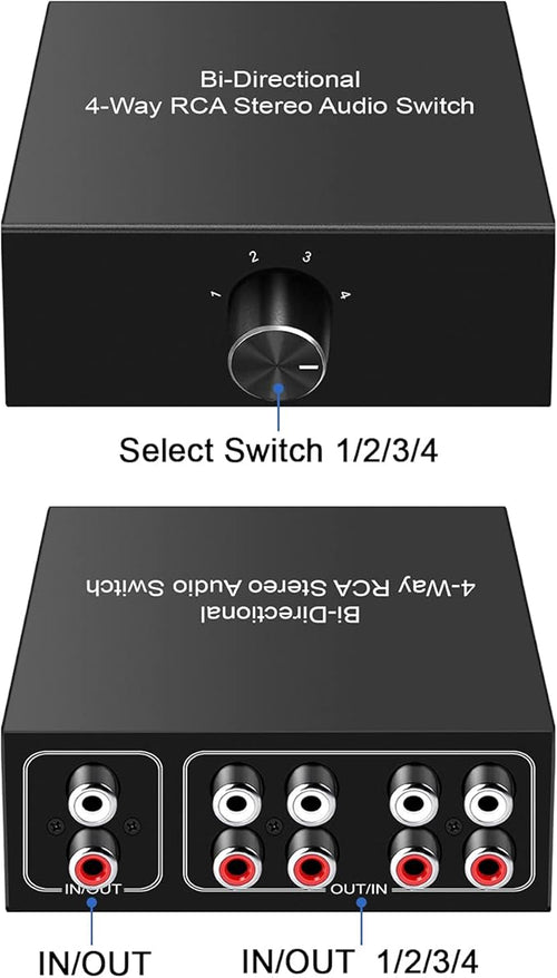 4-Way Stereo L/R Sound Channel Bi-Directional Audio Switcher, 1 in 4 Out or 4 in 1 Out, L/R Sound Channel Audio Switch Splitter RCA Stereo Switch Selector for DVD Stereo Speaker CD Player