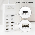 Puikfyni Portable USB C Charging Station,4 -C- Ports, USB Charging hub 10-Ports/USB c Charger Block for Multiple Devices Phones Tablet Smartwatch Headphones Speakers (USB-4C+6A)