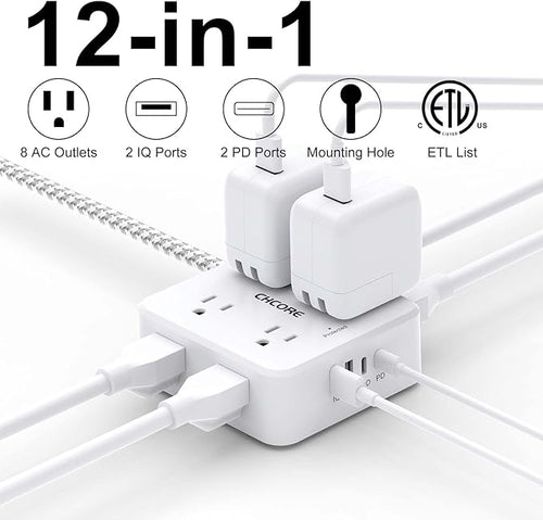 5Ft Flat Plug Braided Extension Cord - CHCORE Surge Protector Power Strip with 8 Outlets and 2 USB-C (PD 30W) Fast Charging Ports and 2 USB-A Ports for Home, Office, Dorm Room Essentials, ETL, White