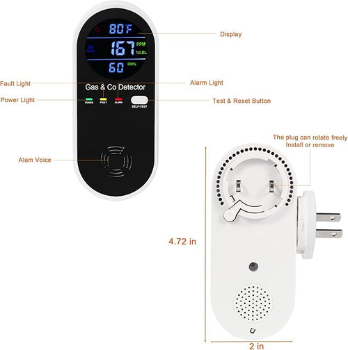2 Packs Combination Natural Gas & Carbon Monoxide Detector,Koabbit 4-in-1 Explosive Gas & Carbon Monoxide Alarm with Temperature(°F) & Humidity for Home,RV,Hotel,Apartment