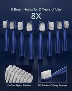 AJELU IPX7 Waterproof Sonicare Electric Toothbrush, 2-Hour Fast Charge with Intelligent Time Reminder, 5 Modes, 8 Brush Heads, Travel, Indoor, Outdoor, Blue