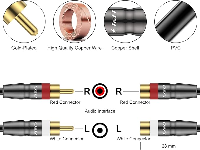 J&D 2 RCA Extension Cable Male to Female, Copper Shell Gold-Plated 2RCA Male to 2RCA Female Cable Stereo Audio Extender Cord Adapter, 6 Feet