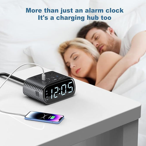10PCS Alarm Clock with 2 USB-C, 2 USB-A Chargers Power Strip 2 Outlets - Screen LED Dimmable Digital Clock with Snooze Function - Dual Alarm for Bedside Nightstand