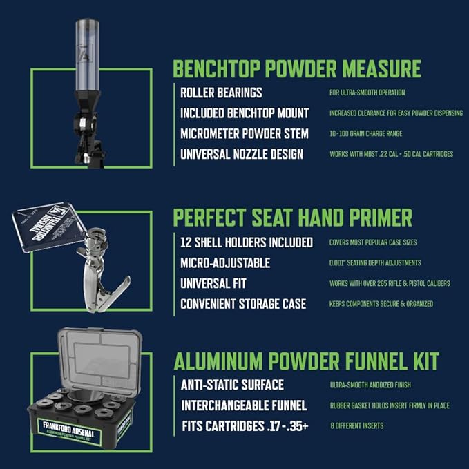 Frankford Arsenal F-1 Single Stage Press and Reloading Accessories with Powder Measure, Hand Primer, for Reloading, Seating, and Gunsmithing