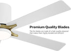 WINGBO 52" DC Flush Mount Ceiling Fan with Lights, 5 Plywood Blades, 6-Speed Reversible DC Motor, 3CCT, Low Profile Hugger Ceiling Fan for Living Room Bedroom Kitchen, White and Brass