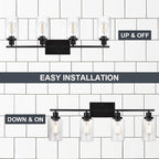 WINSHEN Black 4-Light Bathroom Light Fixtures with Seeded Glass Shade, 31-Inches Length Farmhouse Vanity Lights Over Mirror for Cabinet Kitchen Bedroom