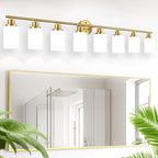 Guliaofo 8-Light Vanity Lights, Brushed Gold Bathroom Light Fixture with Striped Textured Milky White Glass Shade, Modern Vanity Lighting Fixture for Bathroom Wall Light Over Mirror, E26 Wall Sconce