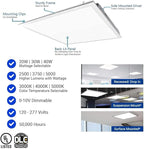 2x2 FT LED Light Flat Panel, 20/30/40W, Color Temperature Selectable 3K | 4K | 5K, Dimmable Recessed Drop Ceiling Lights, 2500/3750/5000 Lumens, Lay in Fixture for Office, 120-277V, UL DLC(12 Pack)