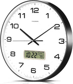 TIMESS Wall Clock, 13" Dial Non-Ticking Silent Battery Operated Analog with LCD Display for Perpetual Calendar and F° Temperature, Ideal Modern Home, Bedroom, Kitchen, Office Decor(Black)