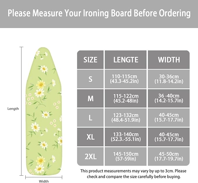 ZCFYGDX Fresh White Daisy Print Ironing Board Cover, Resist Scorching & Staining, Easy to Install Resistant Elastic Edges, 3 Nylon Buckle Straps Fasteners, Protective Scorch Cloth Covers Size-XL