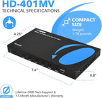 Quad Multi Viewer 4 in 1 Out by OREI HDMI Switcher 4 Ports Seamless Switcher and IR Remote Support 1080P for PS4/PC/DVD/Security Camera, HDMI Switch VGA Output - HD-401MV