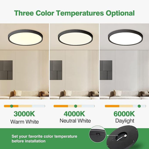 6PK 15.8 Inch LED Flush Mount Ceiling Light Black, 32W, 3480LM, 3000K/4000K/6000K CCT Selectable, Round Flat Panel Light Low Profile Ceiling Light Fitures for Hallway, Kitchen, Bedroom, Laundry Room