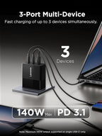 Lenovo 140W USB C Charger, GaN Power Adapter with 3-Port Fast Charging, PD 3.1 Compatible, Black, for ThinkPad, MacBook, iPhone, Samsung Galaxy, with 240W Cable