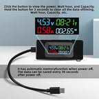 chenyang USB C Power Tester Digital Multimeter 4-30V 0-6.5A Color Screen Digital Display Real-Time Monitoring of Current/Voltage/Power/Work Time
