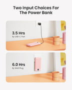 Coowisty Portable Charger Built-in Cables and Wall Plug, 10000mAh Slim USB C Power Bank, LED Display External Battery Pack Compatible with iPhone/Android & More (Pink)