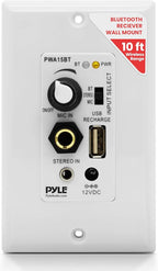 Pyle Wireless BT Receiver Wall Mount - 100W In-Wall Audio Control Receiver w/ Built-in Amplifier, USB/Microphone/Aux (3.5mm) Inputs, Speaker Terminal Block, Connect 2 Speakers, White - PWA15BT