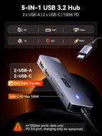 USB C Hub 10Gbps, QUUGE 5-in-1 USB Splitter with 2 USB-A & 2 USB-C 3.2 and PD 100W, Fast Transfer Aluminum Type-C Multiport Adapter with 100cm Nylon Cable for MacBook Air/Pro, iPad, Surface Pro, XPS