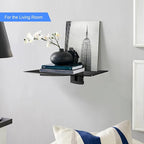suptek Glass Floating Shelf, 1 Tier Media Shelf for TV Accessories, Flat Black Wall Mount Bracket, 17.6lbs Weight Capacity, Quick Installation, Cable Management, Custom Style, Backless