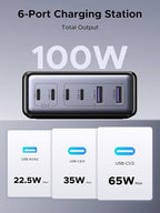 UGREEN 100W USB C Charging Station, 6-Port GaN Desktop Charger with 4 USB-C & 2 USB-A, Smart Power Distribution for MacBook Pro/Air, Dell XPS, iPad, iPhone 17/16/15, Galaxy S25/S24, Pixel 10/9