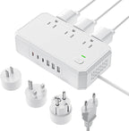 Puveini US to Europe Travel Adapter 220V to 110V Voltage Converter with 4.5A 6-Port USB Charging and UK/AU/US/EU Worldwide Plug Adapter
