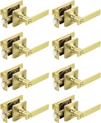 Mengico 8 Pack Gold Privacy Lever Door Handle Interior with Lock, Heavy Duty Square Door Lock for Bed/Bath, Keyless Door Locksets, Reversible for Left Right Handed Doors
