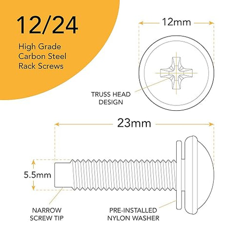 12-24 Rack Screws [50pk] – Rack Mount Screws with Nylon Washers for Server, Network, and Audio Equipment