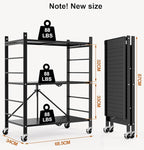 Himix Storage Shelves with 6 Hooks, 3 Tier Foldable Shelf with Wheels, Metal Storage Shelving Unit Rolling Cart, Utility Shelf Rack Organization Shelves for Pantry, Kitchen, Black - No Assembly