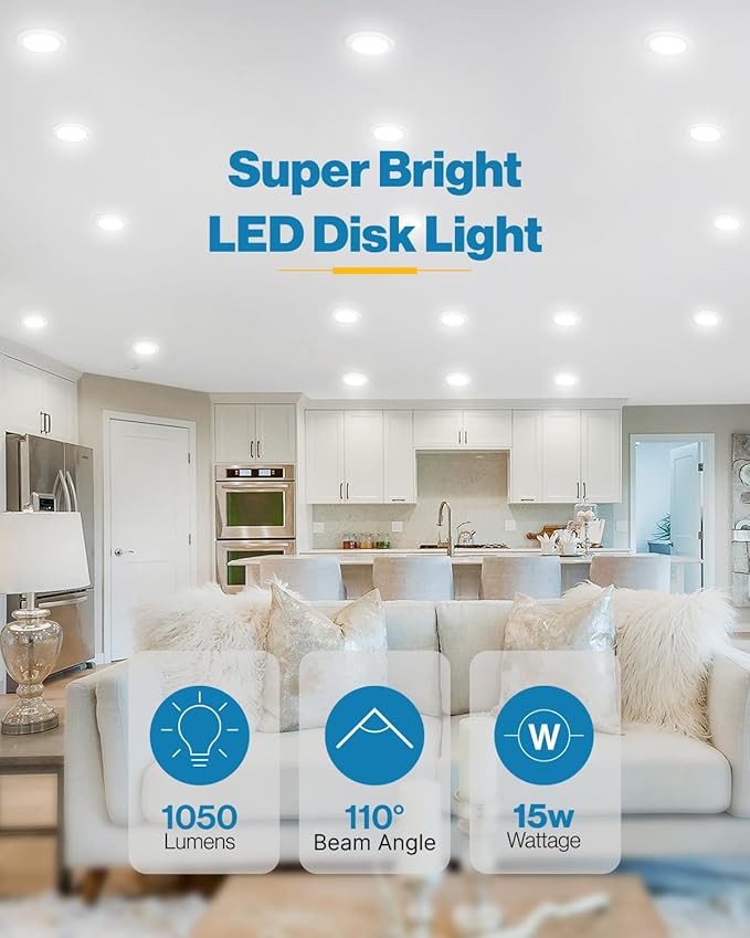 Sunco 48 Pack 5/6 Inch LED Disk Lights, Flush Mount Disc Recessed Ceiling Can Lighting, 1050 LM, 2700K Soft White, Dimmable, 15W=75W, Damp Rated ETL