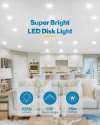 Sunco 48 Pack 5/6 Inch LED Disk Lights, Flush Mount Disc Recessed Ceiling Can Lighting, 1050 LM, 6000K Daylight Deluxe, Dimmable, 15W=75W, Damp Rated ETL