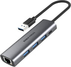 DIKEQINN 5-in-1 USB Hub with Gigabit Ethernet Ports and 3 USB 3.0 Ports, Suitable for USB-C/Type-C Interface laptops Such as MacBook Pro/Air, Dell XPS, Lenovo, Huawei, etc., Plug and Play(USB-A)