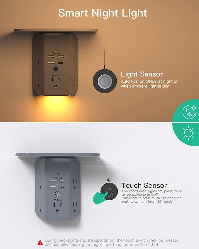 Wall Outlet Extender with Shelf and Night Light,Surge Protector,USB Wall Charger with 5 AC Outlets and 3 USB A Ports 1 USB C Outlet Wide Space 3-Sided Power Strip Multi Plug Outlets, Gray