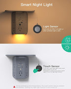 Wall Outlet Extender with Shelf and Night Light,Surge Protector,USB Wall Charger with 5 AC Outlets and 3 USB A Ports 1 USB C Outlet Wide Space 3-Sided Power Strip Multi Plug Outlets, Gray