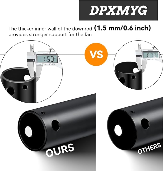 DPXMYG 16 inch Ceiling Fan Downrod with Extension Cord, Black Downrod for Ceiling Fan, 1 inch Outside Diameter, Ceiling Fan Boom Suitable for a Wide Range of Fans (Black, Not Threaded)