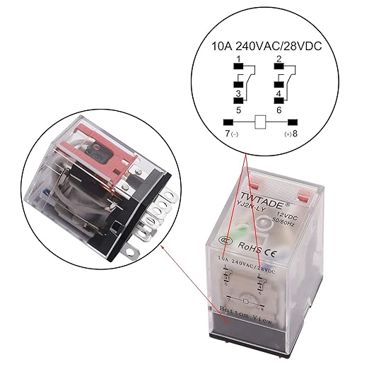 TWTADE/DC 12V Electromagnetic Power Coil Relay 10A 8 Pins 2DPT 2NO 2NC with Indicator Light and Socket Base -YJ2N-LY
