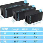 Cable Management Box, 3 Pack Cord Organizer Boxes with 33 PCS Cable Management Set to Cover Hide Power Strip, Surge Protector Under Desk & on Floor, Wire Concealer for Home Office Computer TV (Black)