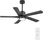 WINGBO 48 Inch DC Ceiling Fan with Lights and Remote Control, 5 Carved Solid Wood Blades, 6-Speed Noiseless Reversible DC Motor, Indoor Ceiling Fan in Matte Black Finish with Black Blades