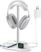 Universal Headphone Stand, Magnetic Wireless Charger for iPhones/AirPods/iWatch, Aluminum Alloy Rod, Leather Pad, ABS Solid Base, White