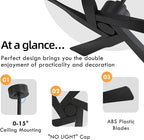 WINGBO 54" ABS DC Ceiling Fan No Light, 5 Blade ABS Plastic Ceiling Fan with Remote, 6-Speed Reversible DC Motor, Ceiling Fans without Light for Kitchen Bedroom Living Room, Matte Black