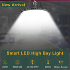 ACOHOOK 400W High Bay LED Lights with Motion Sensor, 60000LM Smart High Bay Shop Light, 𝐀𝐂𝟏𝟎𝟎-𝟐𝟕𝟕𝐕 UFO Commercial Lighting for Warehouse/Barn -4Pack