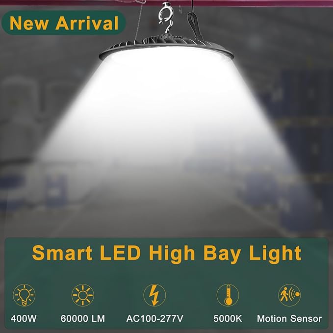 ACOHOOK 400W High Bay LED Lights with Motion Sensor, 60000LM Smart High Bay Shop Light, 𝐀𝐂𝟏𝟎𝟎-𝟐𝟕𝟕𝐕 UFO Commercial Lighting for Warehouse/Barn -4Pack