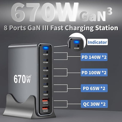 670W USB C Fast Charger Block, 8 Ports GaN III USB Chagring Station, Dual 140W PD PPS HUB for Multiple Devices, Laptop Adapter Compatible with MacBook Pro/Air iPad iPhone Pro Max, Galaxy, Dell, HP